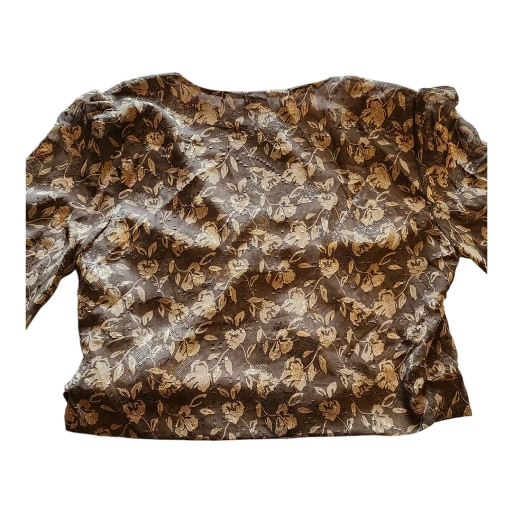 Anthropologie En Saison Wrap Blouse Brown Floral Jacquard Puff Sleeve Tie L NWT - Picture 9 of 16